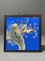 Antique miscellaneous collection solid wood frame inlaid boutique Blue background pastel flowers and birds glory rich porcelain plate painting decoration hanging screen