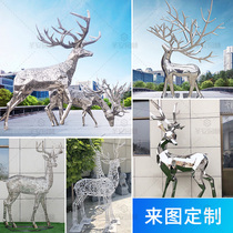 Large stainless steel geometric block face deer sculpture custom glowing metal abstract Hollow Animal outdoor landscape ornaments