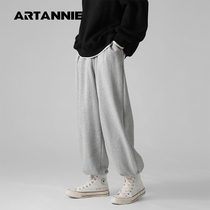 Wei pants Mens straight loose wide-leg pants solid color hip-hop trend brand casual pants drawstring leg hiphop sweatpants