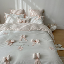 Princess Wind all cotton washed cotton Four pieces of solid butterfly knot Quilt Cover Soft Breathable Pure Cotton 1 8m Bedding