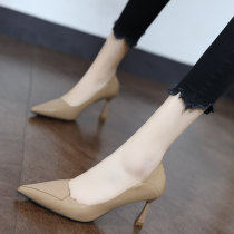 Fan-style high heel shoe soft leather woman not grinding feet 2022 Spring new custard fine heel Career comfort 100 lap two wearing single shoes