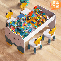 Childrens building blocks table size particles boys and girls puzzle assembly multifunctional toy Park game table and chair Wood