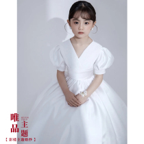 2021 new children photography adults with the same parent-child satin bubble sleeve tutu flower girl dress mini wedding dress
