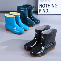 Back Force Rain Shoes Womens Four Seasons Labor Protection Short Barrel Water Boots Gel Shoes Plus Suede Rain Boots Midcylinder Water Shoes Bull Gluten Bottom Warm Non-slip