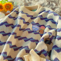 Rainy Salt girl striped pullover sweater girls autumn and winter New loose casual chest tag decorative sweater