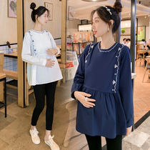Pregnant women autumn 2021 new fashion small man slim shirt long loose embroidered cotton age shirt