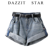 Send belt beauty back plain color 2021 summer new versatile high waist wide legs loose thin denim shorts for women