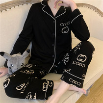Black pajamas female spring and autumn long sleeve cotton letters sweet Korean version loose summer thin cardigan suit home clothes