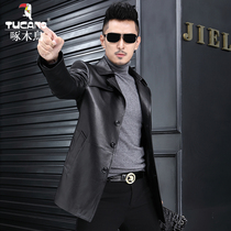Woodpecker Haining leather mens leather windbreaker mens long goatskin suit collar down jacket mens lapel coat
