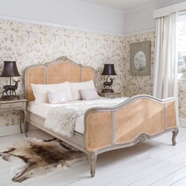 American French retro old white rattan woven solid wood double bed Log hand-carved daughter bed 1 8 custom