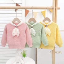2021 autumn and winter new childrens clothing sweater female children solid color lace bow tie round neck pullover childrens baby sweater