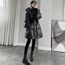 Black shiny down jacket women 2021 new winter Korean slim slim womens long thick coat