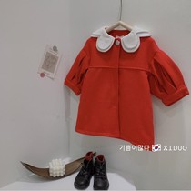 Girls woolen coat Korean childrens clothing 21 autumn and winter New Baby long red lace lapel long sleeve coat