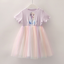 Korean girl baby dress 2021 summer dress foreign atmosphere Frozen Aisha Princess pontoon rainbow dress