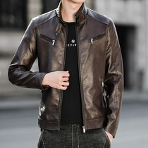 Stand-up collar leather leather mens spring and autumn Korean version of handsome motorcycle clothing Sheepskin jacket handsome casual leather jacket