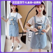 South Korea 2021 new girls  western style denim strap dress in the big child baby spring and summer dress childrens clothing trend