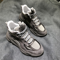 Tide brand fashion Joker thick-soled leather high-top shoes women 2021 autumn new womens shoes increased leisure sports daddy shoes