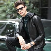 Autumn and winter New Haining leather mens goat leather jacket stand collar casual leather jacket detachable hat thin coat tide