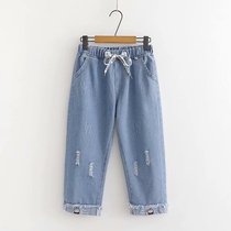 Girl pants spring summer 2021 New Junior High School High School students loose leisure Joker straight tube seven points jeans