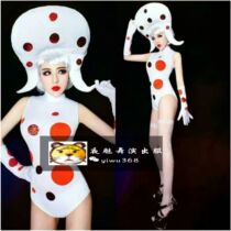Bar GOGO new DS sexy polka dot performance suit Bar Party girl white background red dot one-piece performance suit