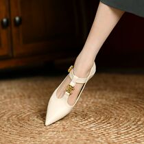 Tide Card Genuine Leather Tip Middle Heel Mary Precious Shoes Woman 2022 Spring Summer New Women Shoes Han Edition Shallow Mouth Soft Leather High Heels