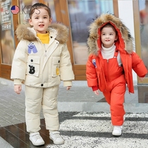 Counter childrens down jacket set winter clothes new boys coat female baby thick strap pants two-piece set