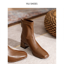 Brown coarse heel French small short boots children 2022 Lean Slim New Square Head Spring Autumn Ankle and Naked Boots High Heel