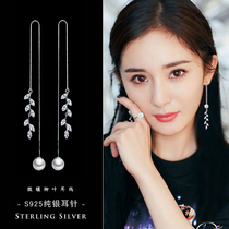 S925 pure silver needle minimalist ear line Korean temperament micro-inlaid willow leaf super shiny zircons pendant long earrings earrings