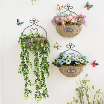 Pastoral straw wall hanging flower basket living room bedroom wall decoration flower creative fake flower pot Wall rattan flower holder