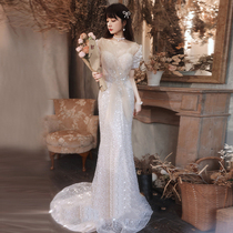 Champagne hosted a shoulder model catwalk Starry Sky toast wedding meeting Hepburn style 18-year-old adult dress