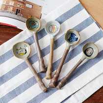 Creative ceramic spoon Cartoon handmade coarse pottery Japanese cute long handle spoon spoon Student personality household spoon
