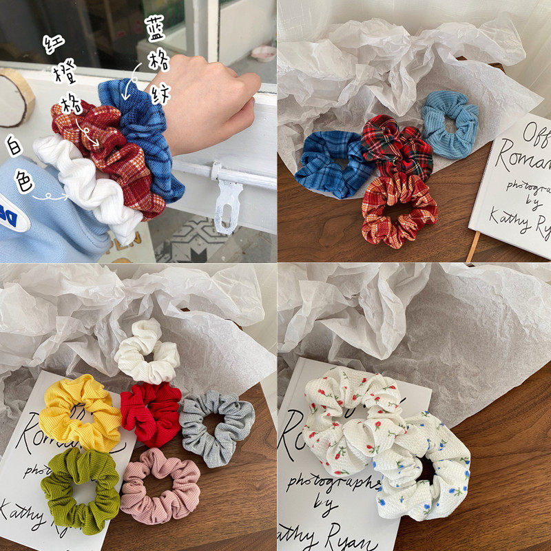 South Korea ins summer California girl retro plaid shredded color large intestine hair ring plaid hair rope head flower