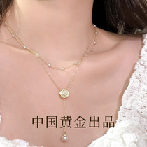 China yellow gold Jean silver Mountain tea flower pearl necklace lady pure silver double laminated wearing light extravagant and small crowdneck chain 1693