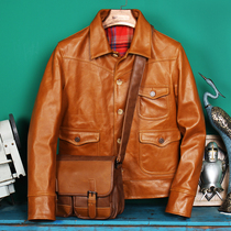 American Tuscan batik lapel first layer cowhide Western denim leather jacket Mens motorcycle leather jacket