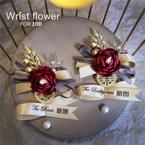 Beautiful red flowers Bride and groom best man corsage Gold leaf happy word wedding ceremony lapel flower brooch opening ceremony