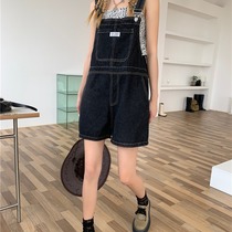Summer small loose high waist denim strap five-point pants womens thin wide leg pants hot girl straight shorts