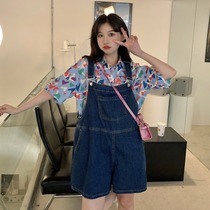 2021 summer new Korean version of loose denim backbelt pants ins Joker high waist pants straight wide leg shorts women