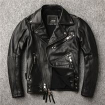 Harley Heavyweight Motorcycle Bull Goods Top Layer Cowhide Genuine Leather Jacket Mens Motorcycle Suit Slim European and American Trendy Coat