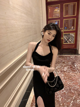 Black halter neck slim temperament evening dress female banquet annual meeting elegant split hip high-end suspender dress