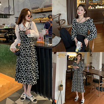 (Huchu Beautiful Genie Valley) Harnesses with clothes and skirts for women 2022 Early spring French long style Snow spinning Broken Flowers Skirts