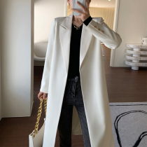 Suit collar long style rice white suit jacket woman 2022 spring autumn 100 hitch senior feel loose and thin lace windsuit