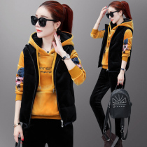Golden velvet casual set womens autumn and winter 2021 New Fashion winter plus velvet padded sweater sports three-piece set