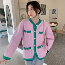 Large size fat mm small fragrance design sense contrast Joker knitted cardigan female Korean version of foreign style heavy industry sweater coat tide