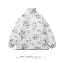 Wukong has goods retro bear full print collar cotton clothing mens Tide brand street bf loose warm couple cotton coat