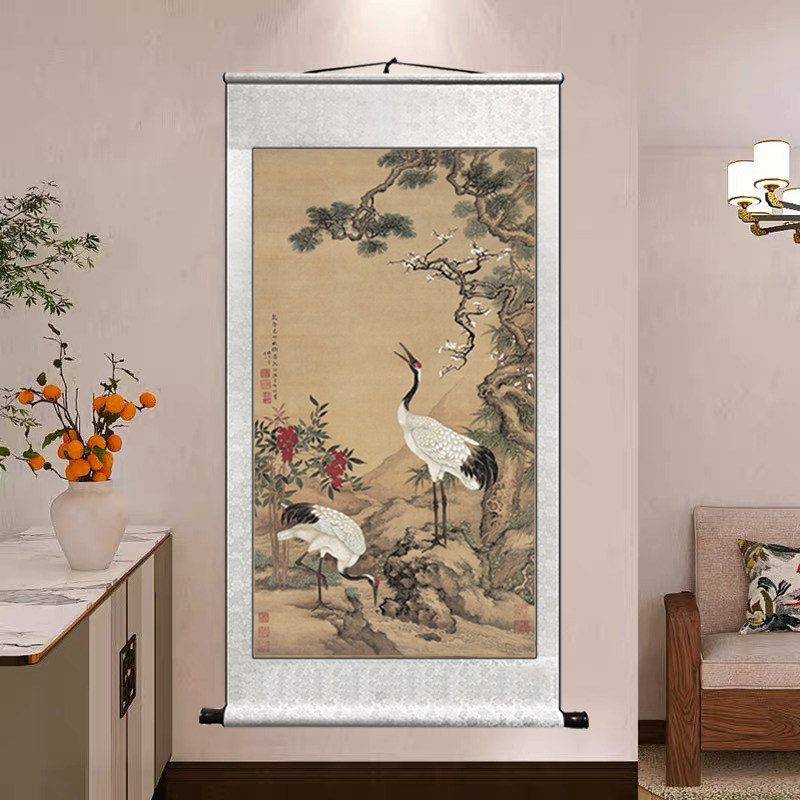 沈铨松鹤百鹤图 中国画 掛け軸 水墨画 和室 玄関 茶室 壁掛け 美術品