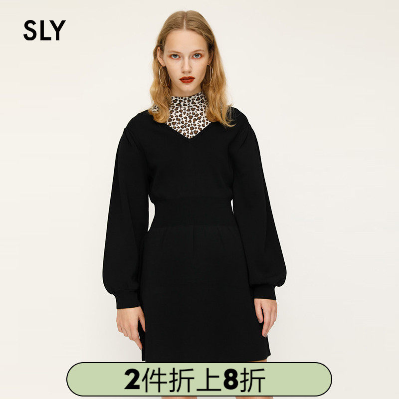 SLY Springs new solid-color high-waisted V-neck horn-style mid-length knitted dress 030CAM73-4540
