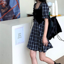 South Korea 2021 summer new Korean version thin square collar bubble sleeve dress gentle style pattern fake two skirts