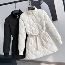 2021 Winter New Stand Collar Lingge lace waist thin warm long down jacket small man coat women