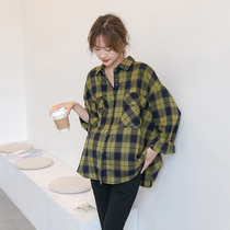 Moka Yellow Blue bump shirt ~ pregnant women Net red plaid shirt autumn new foreign style out breastfeeding tide mother shirt