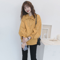 Pregnant womens spring clothing blouses 2022 new Korean version easing short Butterfly Knot Collar Doll-shirt Chauded with big code shirt clothes